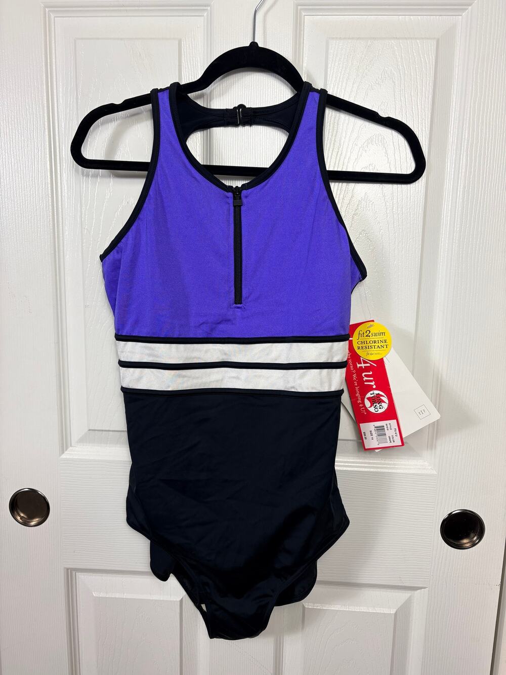Fit 4u Purple Black and White Swimsuit Long Torso Front Zip Size 14 NWT